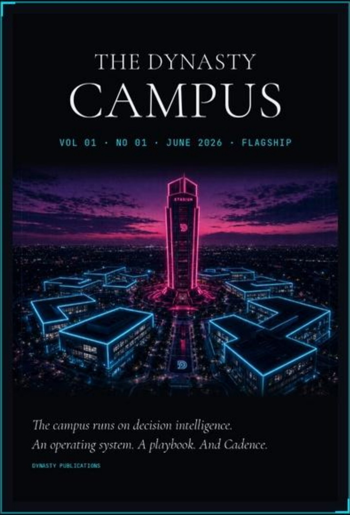 The Dynasty Campus — founding cover from the Four Publications set: a neon campus tower above the quad.