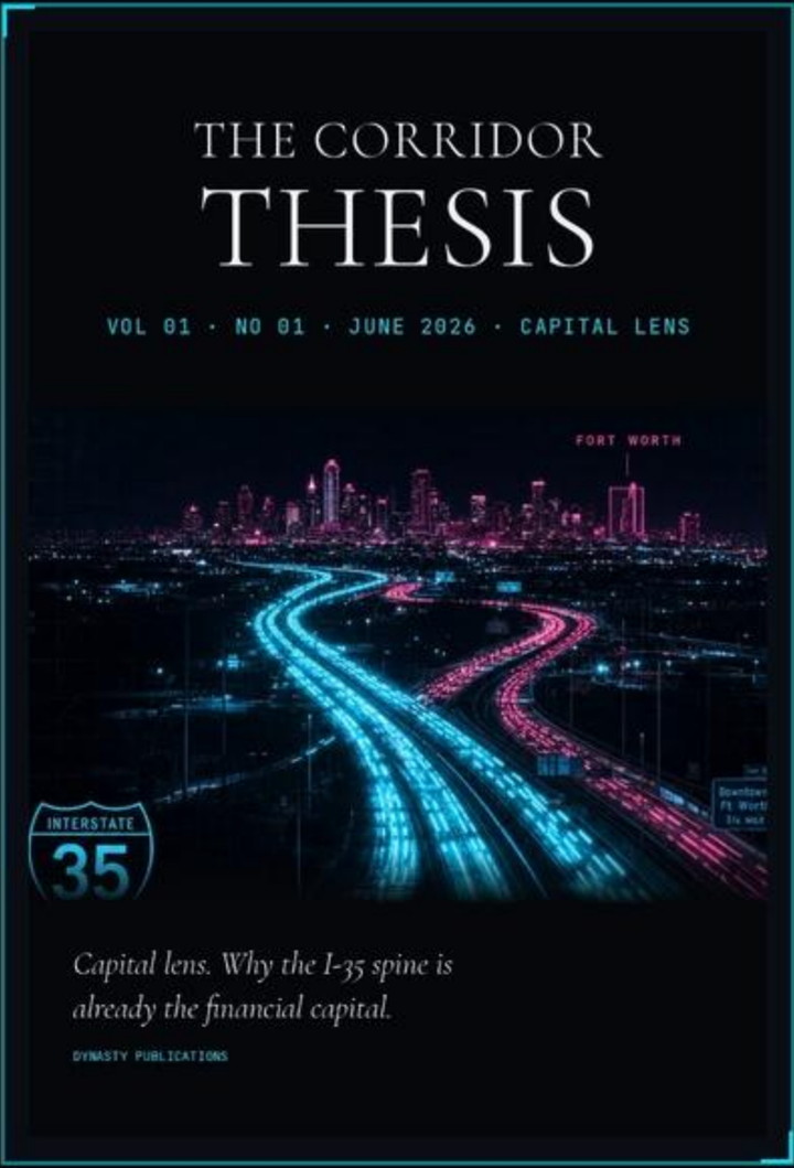 The Corridor Thesis — founding cover from the Four Publications set: the neon I-35 corridor running toward the skyline.