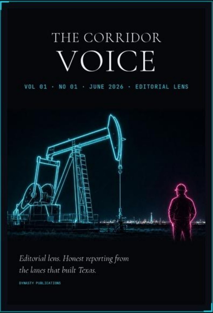 The Corridor Voice — founding cover from the Four Publications set: a neon pumpjack and a lone figure on the lease at night.